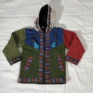Nepal Bohemian Ethnic Motif Design Jacket Full Zip Kids Size XL Fleece Lined